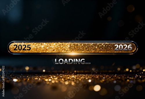New year 2026 loading concept, glittering golden progress bar indicating transition from 2025 to 2026, dark background with bokeh lights