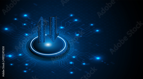 Up and down arrows on dark blue background. Concept of data transmission or digital exchange. Business growth or investment concept. Blue arrow technology background.	