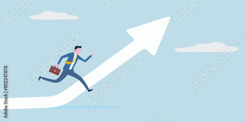 Businessman running up a white arrow on a light blue background