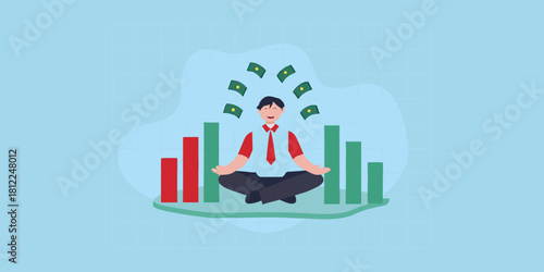 Man meditating with money falling around him amidst financial charts