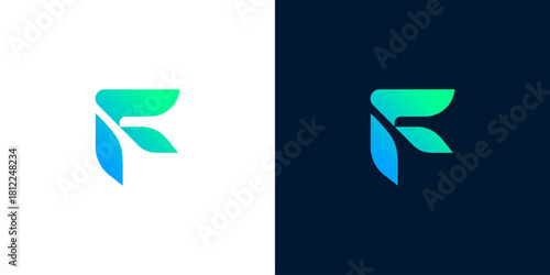 Modern Letter F Logo Design in Gradient Blue and Green on Light and Dark Backgrounds