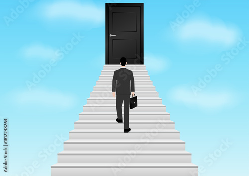 Businessman walking Upstairs to Opportunity Door. Business Opportunity and Success Career Concept. Vector Illustration. 