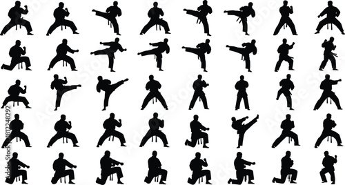 Martial Arts Karate Taekwondo Silhouettes Collection Various Kicks Stances Fighting Poses Self-Defense Training Fitness Discipline Strength Isolated White Background