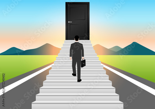 Businessman walking Upstairs to Opportunity Door. Business Opportunity and Success Career Concept. Vector Illustration. 