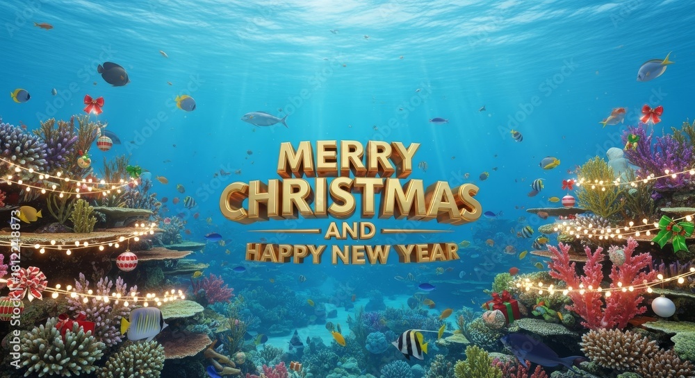 Fototapeta premium Underwater Holiday Celebration - An underwater scene featuring coral reefs decorated for Christmas and New Year, with fish swimming around in a festive marine environment