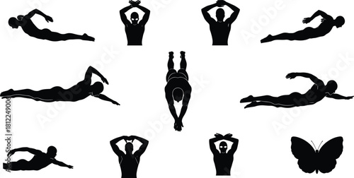 Swimmer and Butterfly Silhouettes Collection Underwater Freestyle Butterfly Stroke Diving Sports Exercise Fitness Movement Aquatic Activities Isolated White Background
