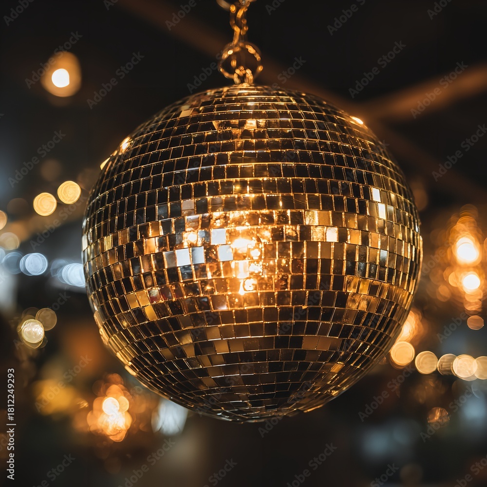 Obraz premium A shiny disco ball hanging from the ceiling with blurred lights in the background creating a festive mood