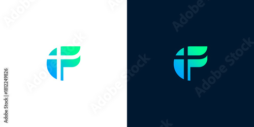 Modern abstract letter F logo design featuring a subtle cross element, rendered in a vibrant blue-green gradient, symbolizing faith, future, or dynamic growth for contemporary branding