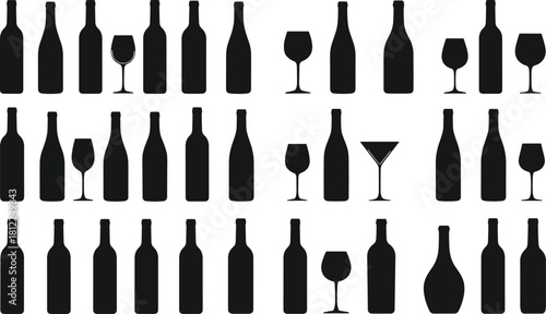 Wine Bottle and Glass Silhouettes Collection Various Shapes Alcohol Beverage Drink Container Bar Service Celebration Luxury Dining Events Isolated White Background