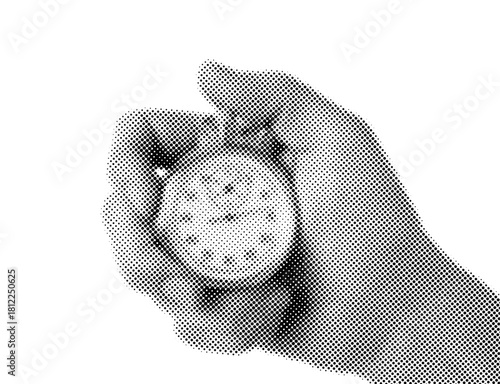 Hand holding a stopwatch in retro dotted halftone style