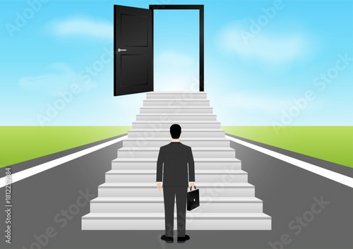 Businessman looking for Opportunity Door. Business Opportunity and Success Career Concept. Vector Illustration. 