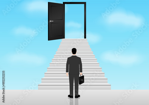 Businessman looking for Opportunity Door. Business Opportunity and Success Career Concept. Vector Illustration. 