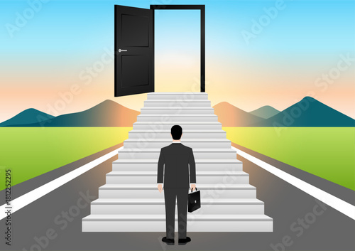 Businessman looking for Opportunity Door. Business Opportunity and Success Career Concept. Vector Illustration. 