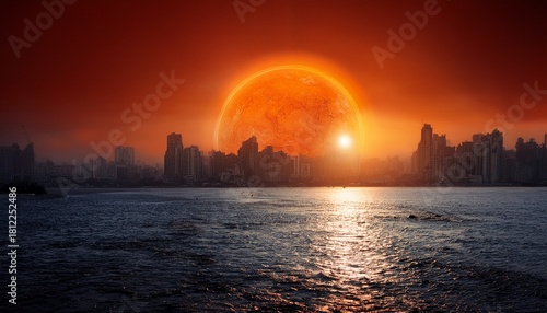 dramatic urban landscape with orange orb dominating the horizon