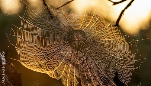 large golden orb spider web with a swirling motion in natural light