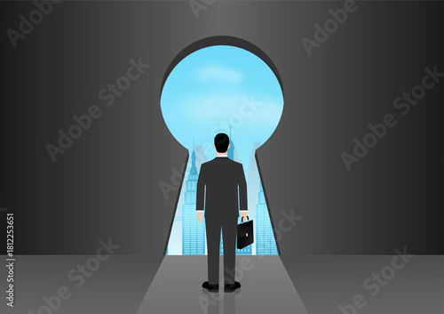 Businessman looking for New Opportunity in Keyhole Door. Business Opportunity and Career Success Concept. Vector Illustration. 