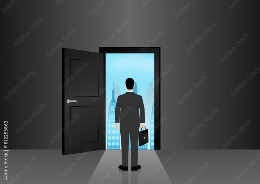 Obraz premium Businessman looking for New Opportunity Door. Business Opportunity and Career Success Concept. Vector Illustration. 