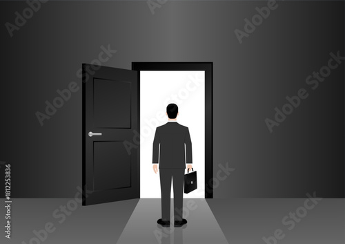 Businessman looking for New Opportunity Door. Business Opportunity and Career Success Concept. Vector Illustration. 