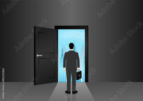Businessman looking for New Opportunity Door. Business Opportunity and Career Success Concept. Vector Illustration. 