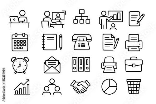 Collection of office object icons, outline version