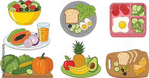 Healthy food, fresh vegetables, nutritious meals, fruit plate, salad bowl, boiled egg, whole grain bread, cheese slices, diet illustration