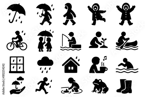 Vector illustration, rainy season activities, silhouette version