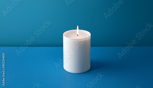 single lit candle on blue surface cylindrical white minimalist photography candlelight serenity candle minimalism
