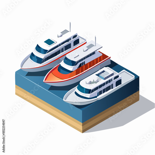 Three speedboats on water dock – vector illustration of marine transport