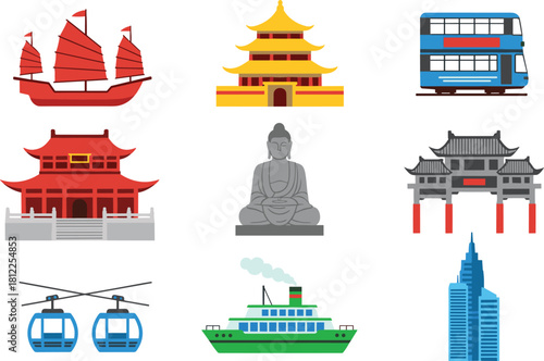 Hong Kong travel icons set, landmarks vector collection, junk boat, big buddha, temple, transportation, isolated on white background.