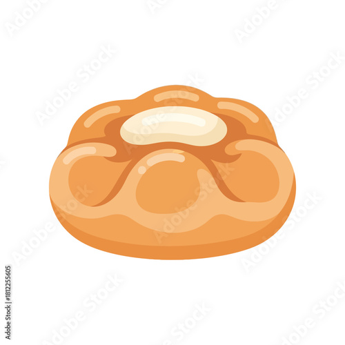 Appetizing golden-baked pastry bun featuring a smooth creamy filling, a delightful dessert icon