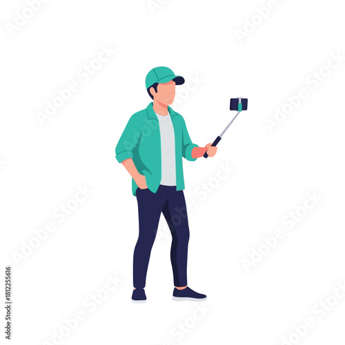 Modern person using a selfie stick with a mobile phone, actively creating digital media content for social platforms