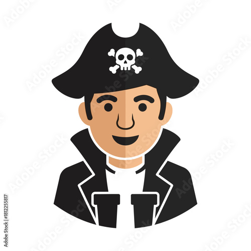 Stylized illustration of a friendly male pirate character with a classic tricorne hat and skull emblem, representing adventure and swashbuckling tales
