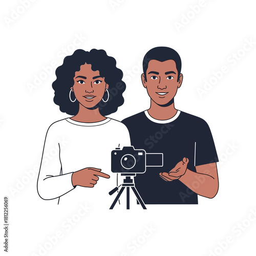 Diverse content creators couple capturing video for online platforms and social media engagement