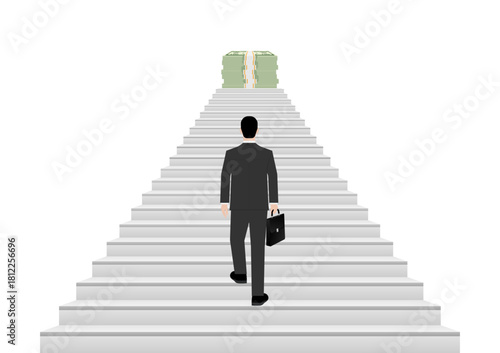 Businessman walking Upstairs to Achieve his  Goal which is Business Profit. Business Success or Goal Achievement Concept. Vector Illustration. 