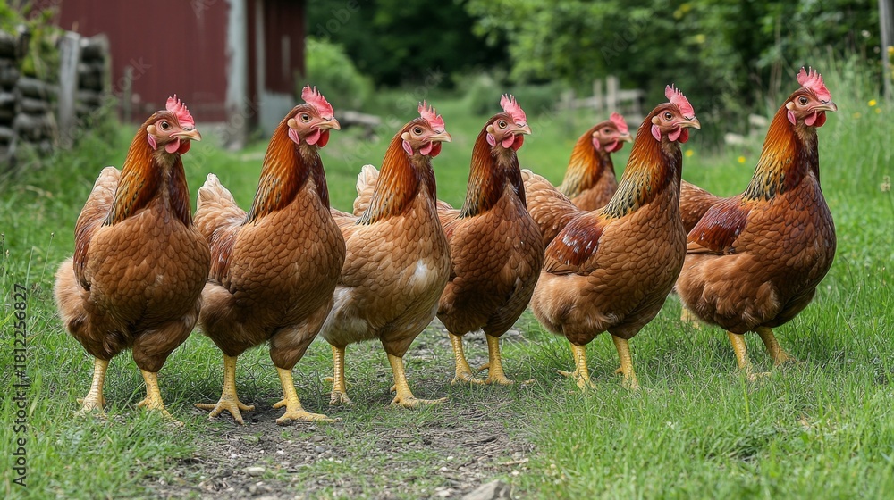 Fototapeta premium A family of red chickens on a green lawn near a country cottage emphasises the harmony between nature and domestic life, making it ideal as an atmospheric backdrop 