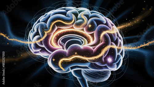 Abstract Human Brain Illustration with Neural Pathways and Creative Mind Power Focus