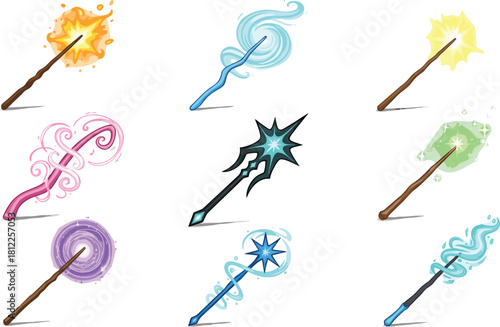 Magic wands, elemental powers, fantasy tools, fire wand, water wand, light wand, dark magic, nature spell, enchanted item, illustration