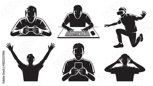 Set of gaming and technology icons vector silhouette illustrations of people using devices isolated on white background