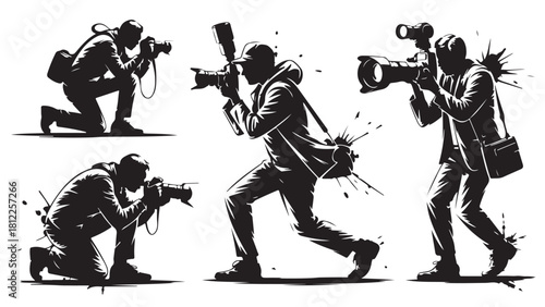 Set of photographer silhouettes in various poses capturing moments with professional cameras vector illustration isolated on white background