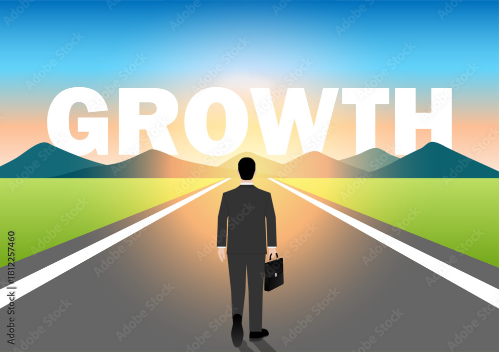 Fototapeta premium Businessman Walking on Asphalt Road toward Growth. Business Growth and Career Success Concept. Vector Illustration.