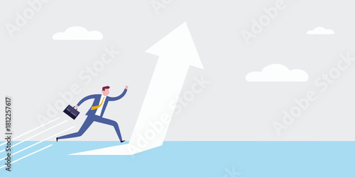 Businessman ascending on growth arrow towards success