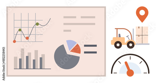 Graphs, charts, and gauges highlight performance metrics alongside a forklift and package location pin. Ideal for logistics, supply chain, performance tracking, analysis, data visualization