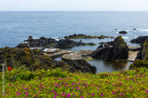 Blooming meadows and the natural baths in the ocean coast of Flores islands Azores, Portugal