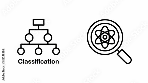 Classification hierarchy and atom research with magnifying glass for science education and business structure visualizing relations between entities