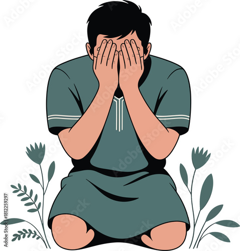 Man kneeling covering face expressing despair shame worry