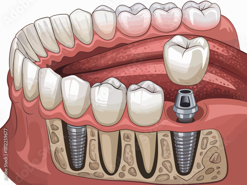 Dental Implant Illustration Showing the Procedure and Anatomy of Teeth and Bone Structure with a Prosthetic Crown Ready for Placement