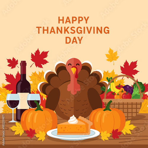 Happy Thanksgiving Day illustration with a turkey, pumpkins, pie, wine, and basket of vegetables on a table