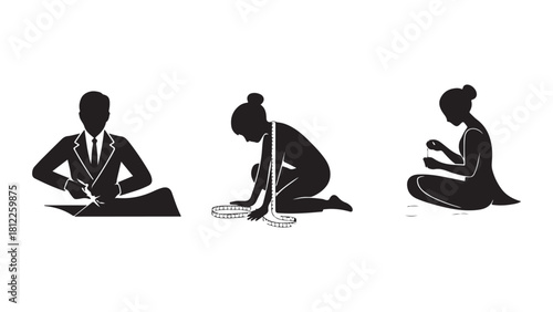 Set of tailor icons dressmaker and seamstress at work vector silhouette illustration isolated on white background