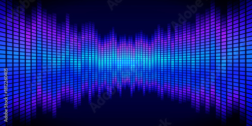 Futuristic vector background of a vibrant, glowing digital sound wave equalizer. Dynamic neon blue and purple bars create a perspective tunnel effect. Ideal for music, DJ, technology and gaming.
