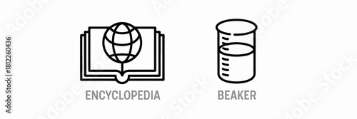 Encyclopedia and Beaker Icons Depicting Knowledge Science and Education in a Simple Black and White Design